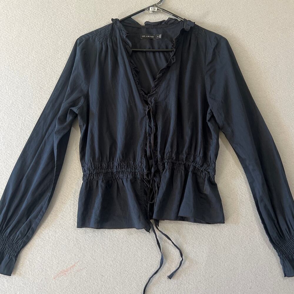 The Limited Top Women's Medium Black Long Sleeve Ruffle Neck Front Tie